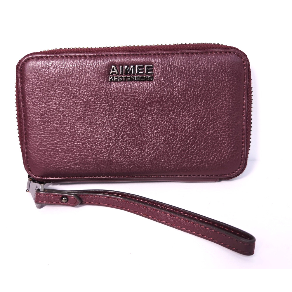 Aimee‎ Kestenberg Leather Burgundy Pebble Zipper Wallet Card Holder Wrist Around